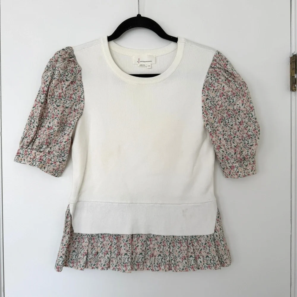 Anthropologie Puff Sleeve Floral Peplum Sweater Top Ivory Women's Size‎ XS